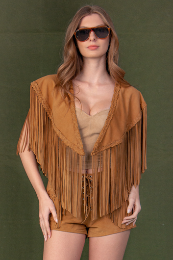 Poncho de Couro Chamoi com Franjas - Ana Paula