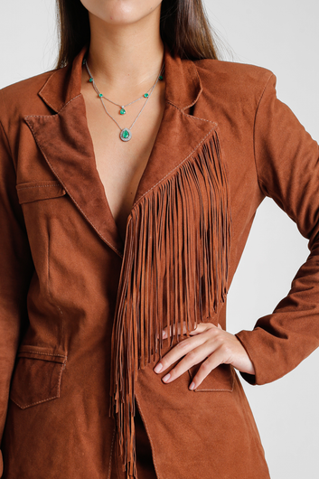 Blazer Couro Chamoi com Franjas - Lala