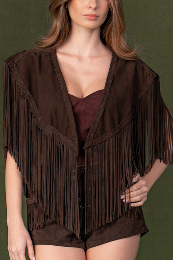 Poncho de Couro Chamoi com Franjas - Ana Paula | Marrom