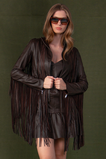 Cropped Suede Leather Jacket with Fringes - Samara