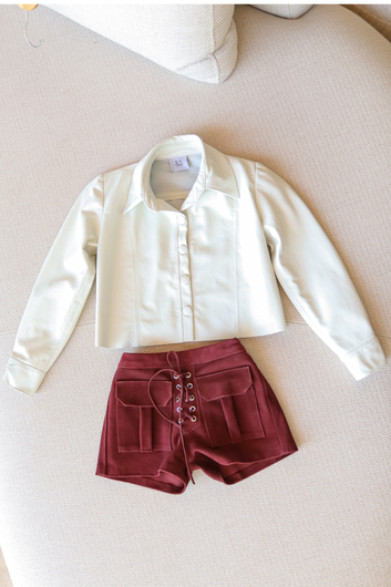 Short INFANTIL de Couro Chamoi - Mariah | Vinho