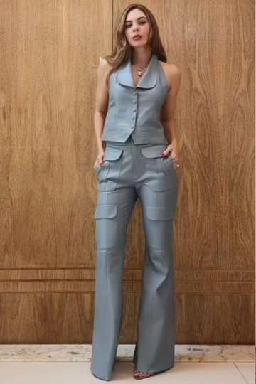 Calça de Couro Pelica Calça Boca de Sino com Bolsos Arredondados