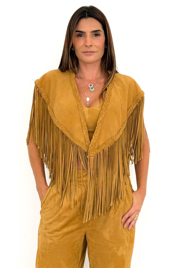 Poncho de Couro Chamoi com Franjas - Ana Paula