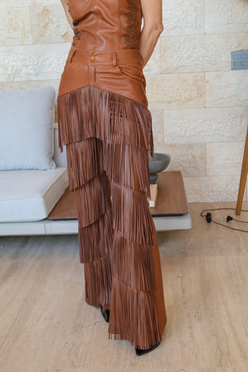 Calça de Couro Pelica com Franjas Frontais - Ivana | Marrom Terracota