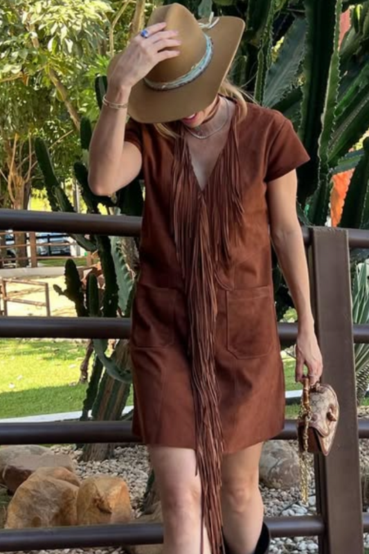 Vestido Curto Reto em Couro Camurça - Sarah