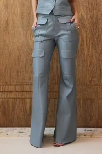 Calça de Couro Pelica Calça Boca de Sino com Bolsos Arredondados
