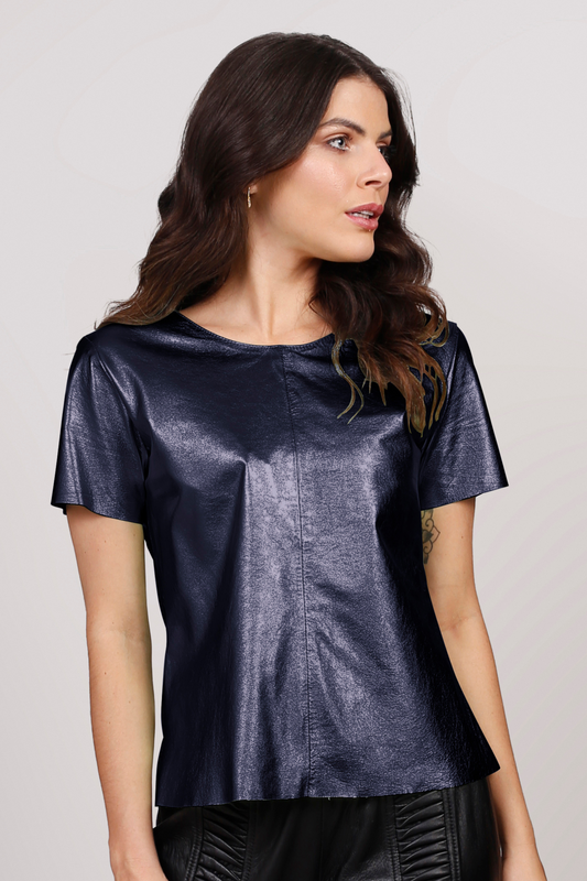 Camiseta Feminina de Couro Pelica - Silvia - Azul Marinho