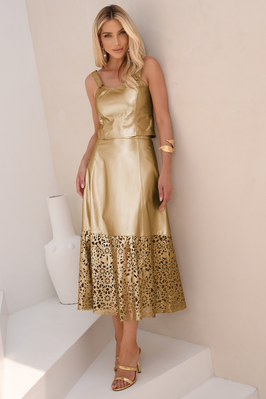 Saia Midi de Couro Pelica - Corte à Laser estilo Renda - Giuliana | Dourado