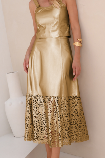 Saia Midi de Couro Pelica - Corte à Laser estilo Renda - Giuliana | Dourado
