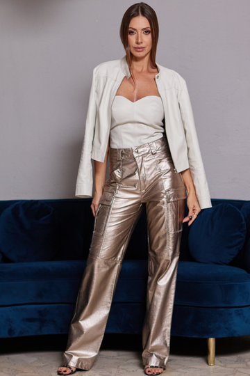 Calça Cargo de Couro Pelica - Fabi | Prata Velho