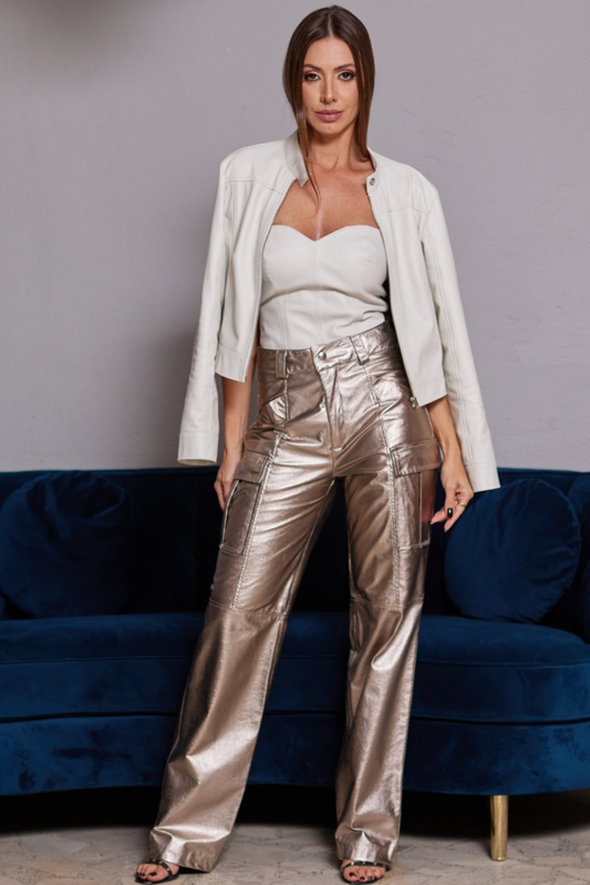 Calça Cargo de Couro Pelica - Fabi | Prata Velho