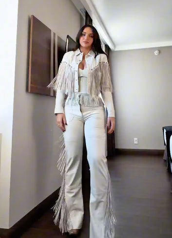 Calça de Couro Pelica Western de franjas Thássia